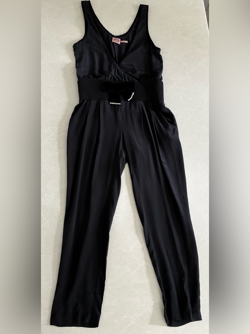 JUICY COUTURE 100% Silk Jumpsuit Velvet Rhinestone Bow Medium V-Neck
